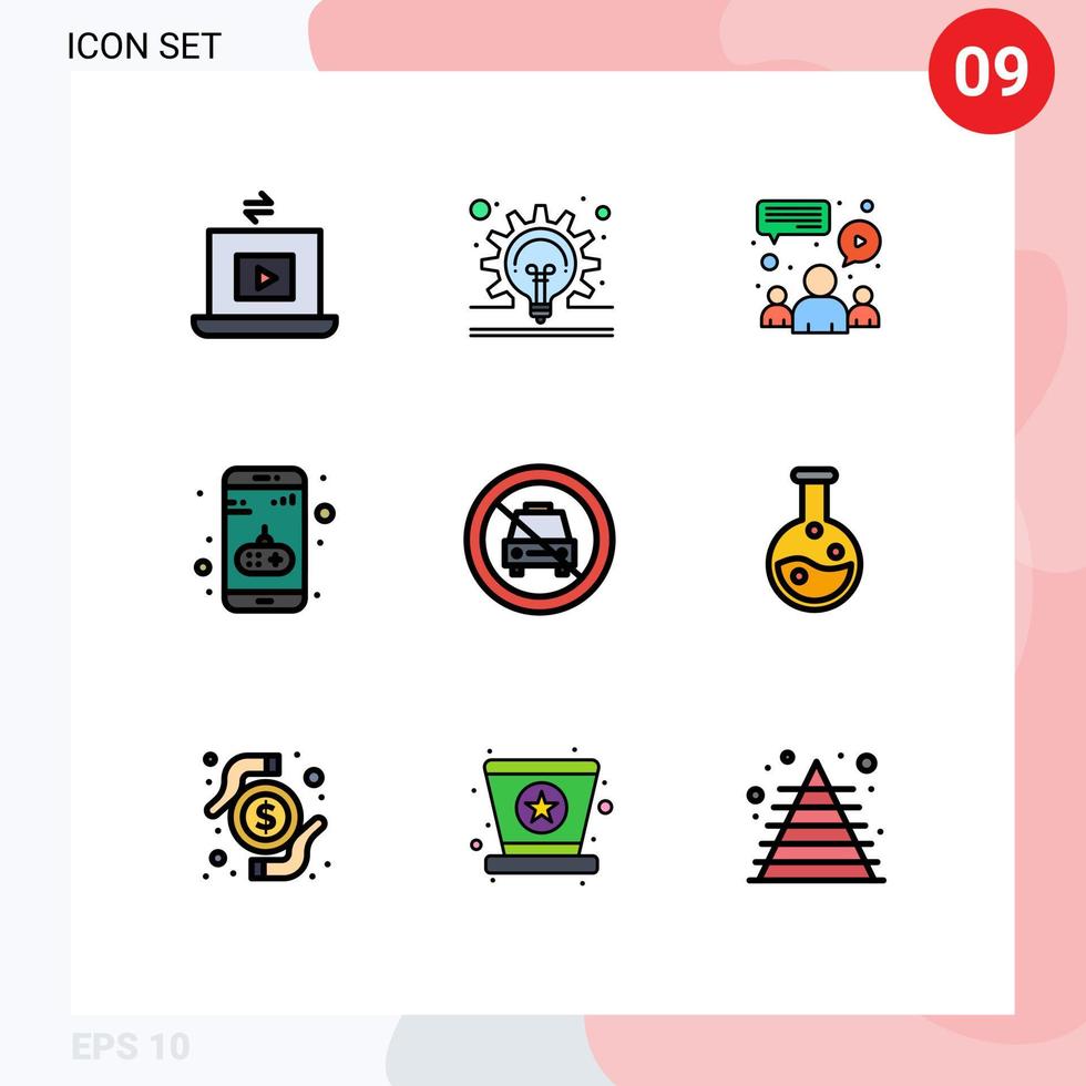 Pack of 9 Modern Filledline Flat Colors Signs and Symbols for Web Print Media such as disabled mobile chat game app Editable Vector Design Elements