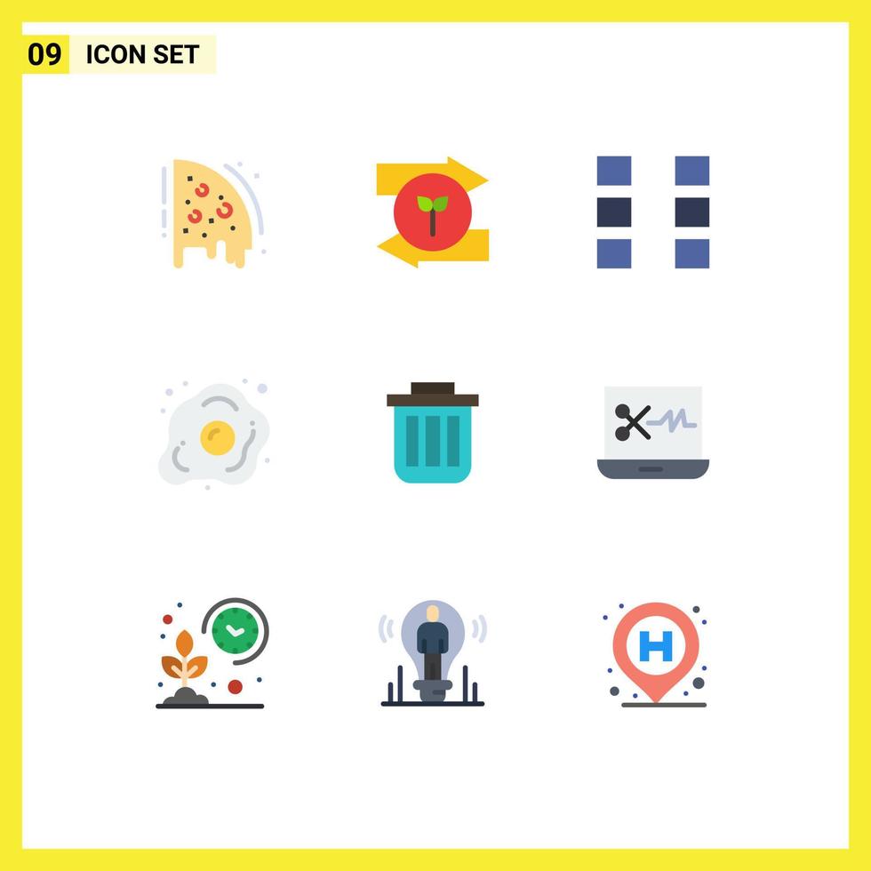 Editable Vector Line Pack of 9 Simple Flat Colors of trash healthy layout food diet Editable Vector Design Elements