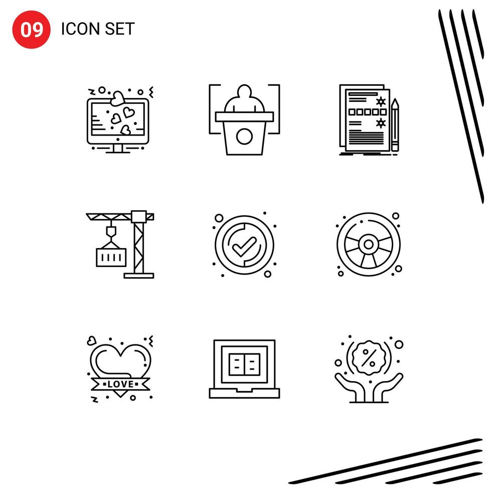 Set of 9 Modern UI Icons Symbols Signs for interface delivery component crane system Editable Vector Design Elements