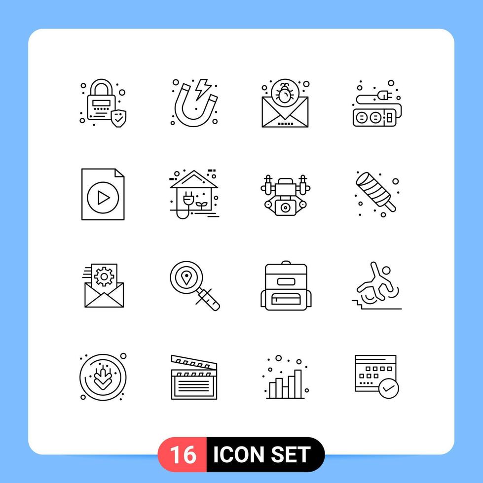 Group of 16 Modern Outlines Set for file cable bug socket electric Editable Vector Design Elements