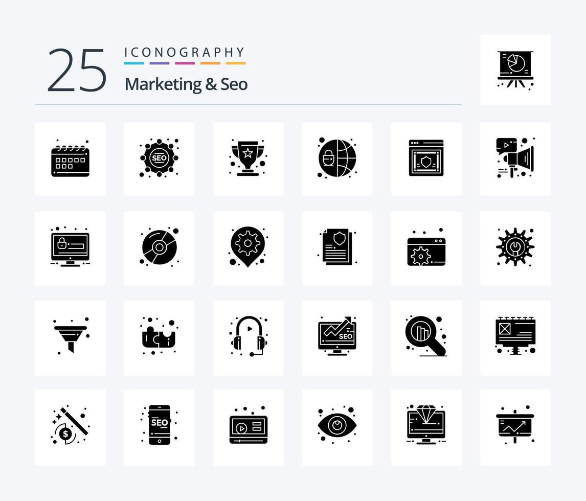 Marketing And Seo 25 Solid Glyph icon pack including security. password. prize. network. protection vector