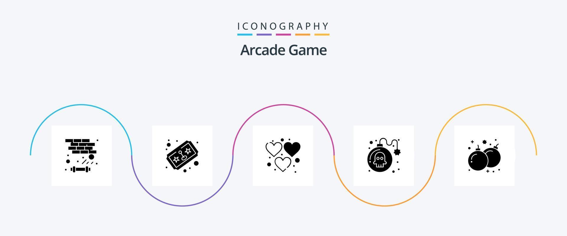 Arcade Glyph 5 Icon Pack Including fun. play. heart. game. bomb vector