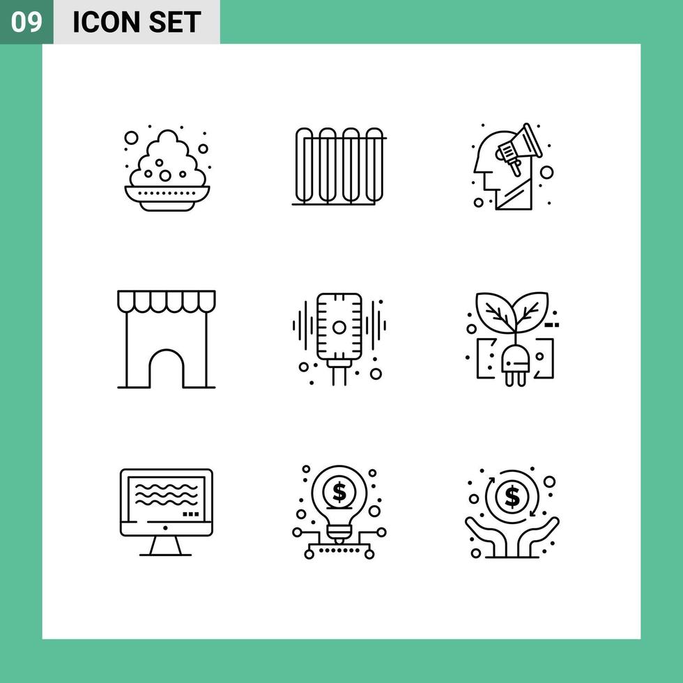 Set of 9 Commercial Outlines pack for microphone marketplace heating institute building brain storming Editable Vector Design Elements