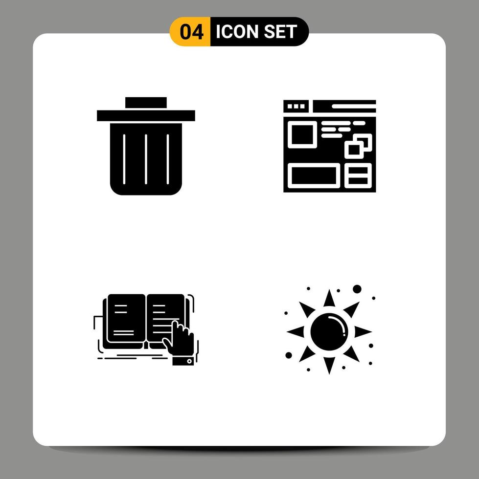 User Interface Pack of 4 Basic Solid Glyphs of recycling bin literature page book morning Editable Vector Design Elements