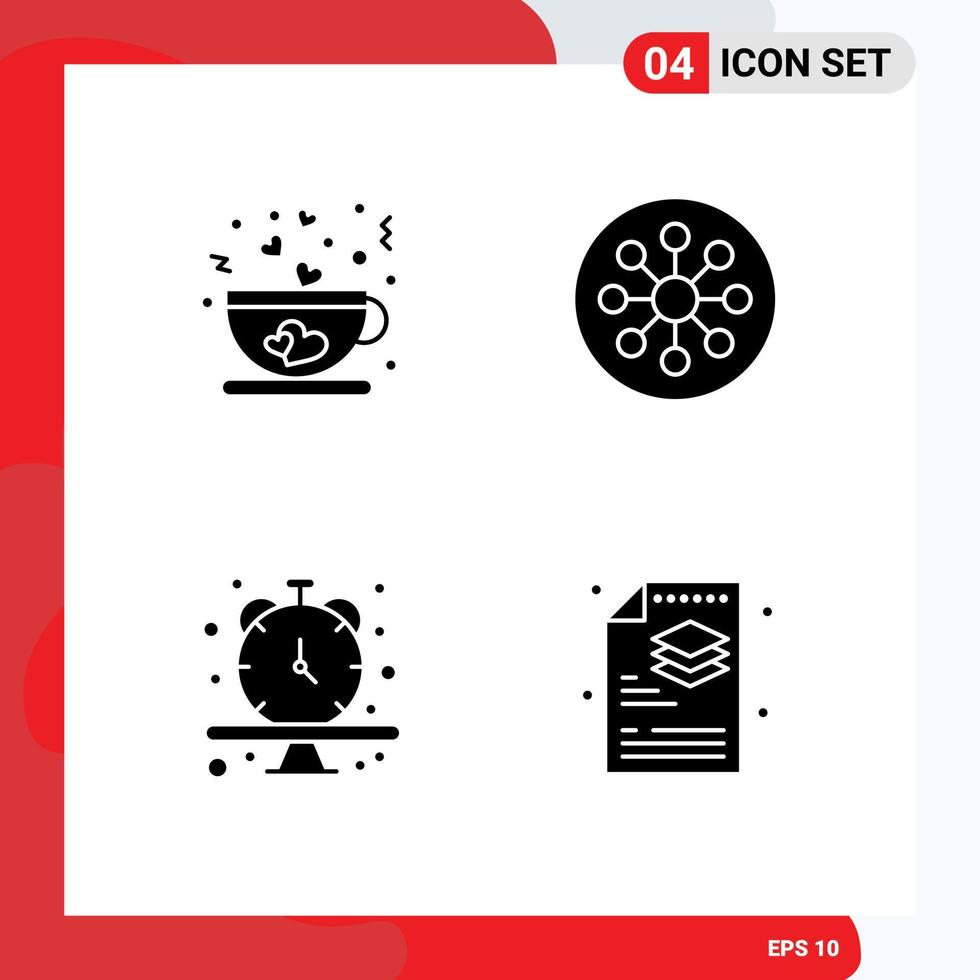 4 User Interface Solid Glyph Pack of modern Signs and Symbols of coffee clock tea cell wristwatch Editable Vector Design Elements