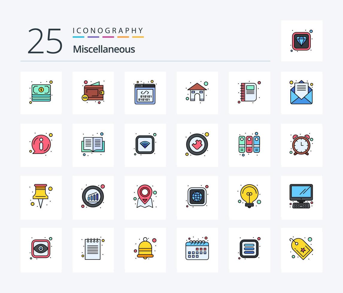 Miscellaneous 25 Line Filled icon pack including book. coding. house. home vector