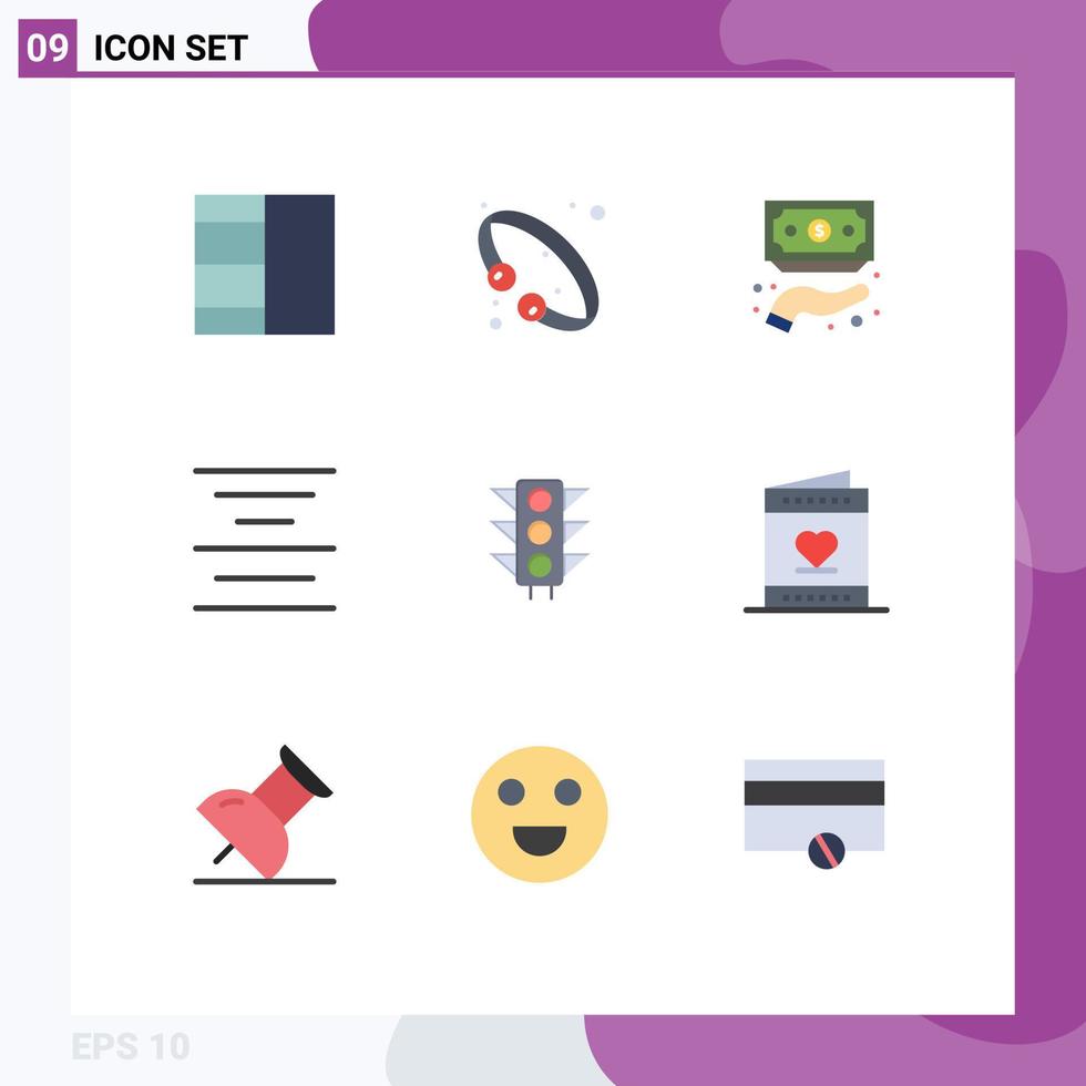 9 User Interface Flat Color Pack of modern Signs and Symbols of light trafic funding text align Editable Vector Design Elements