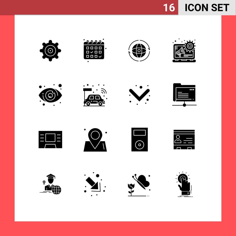 Modern Set of 16 Solid Glyphs Pictograph of car user attom target content Editable Vector Design Elements