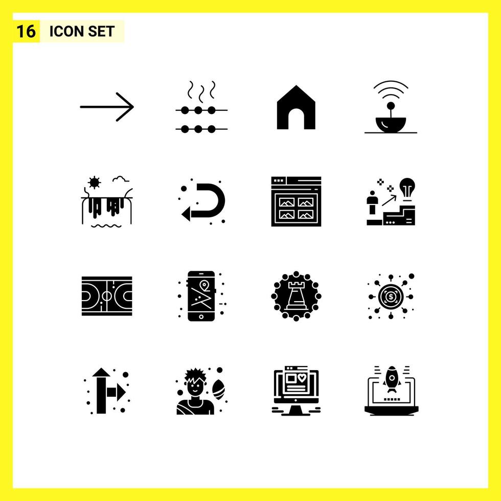 Mobile Interface Solid Glyph Set of 16 Pictograms of arrow sun antenna river space Editable Vector Design Elements