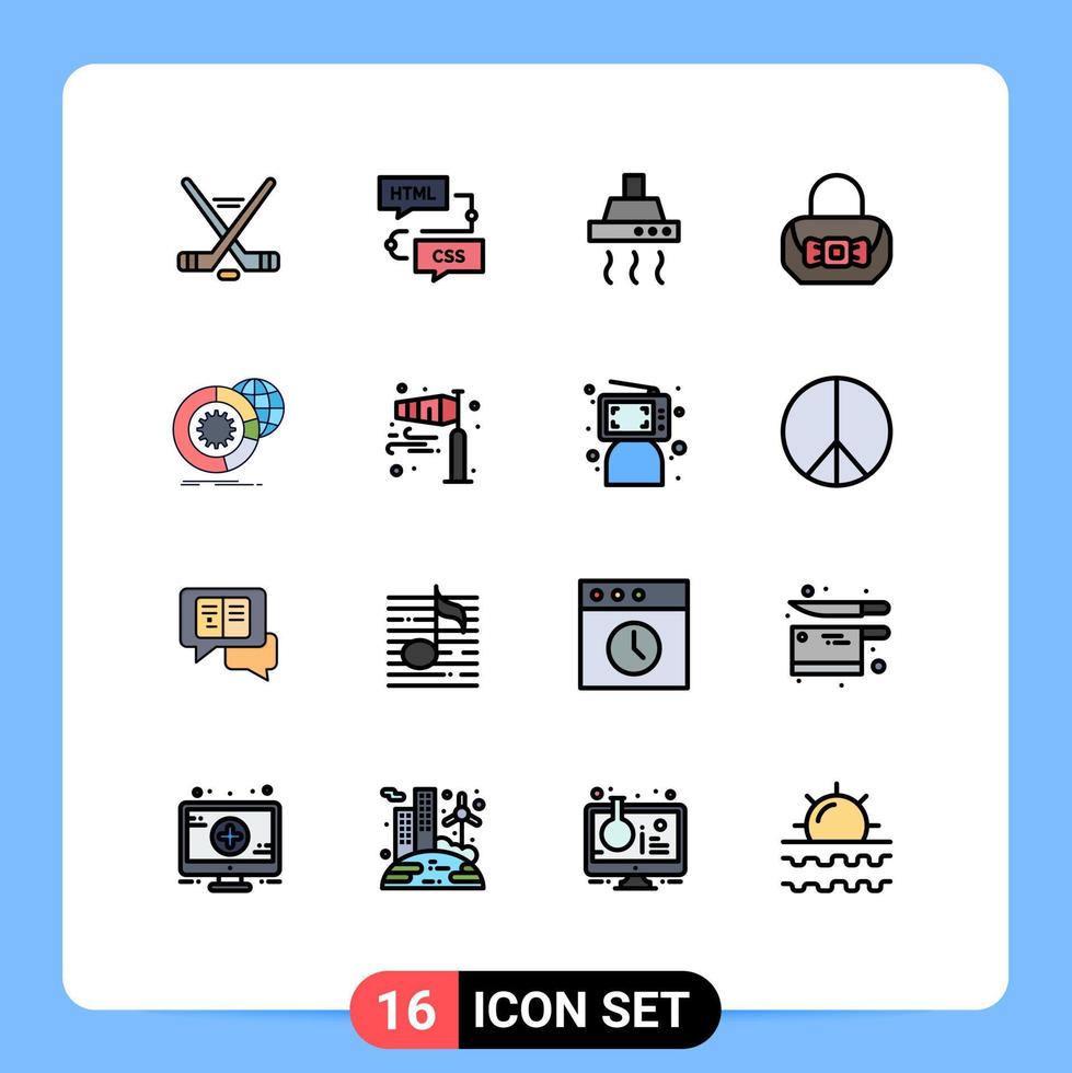 grupo de 16 líneas rellenas de color plano, signos y símbolos para la programación de bolsos de datos grandes, cocina de moda, elementos de diseño de vectores creativos editables