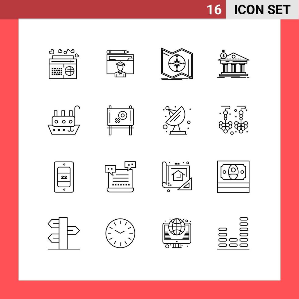 Mobile Interface Outline Set of 16 Pictograms of banking architecture graduation navigation map Editable Vector Design Elements