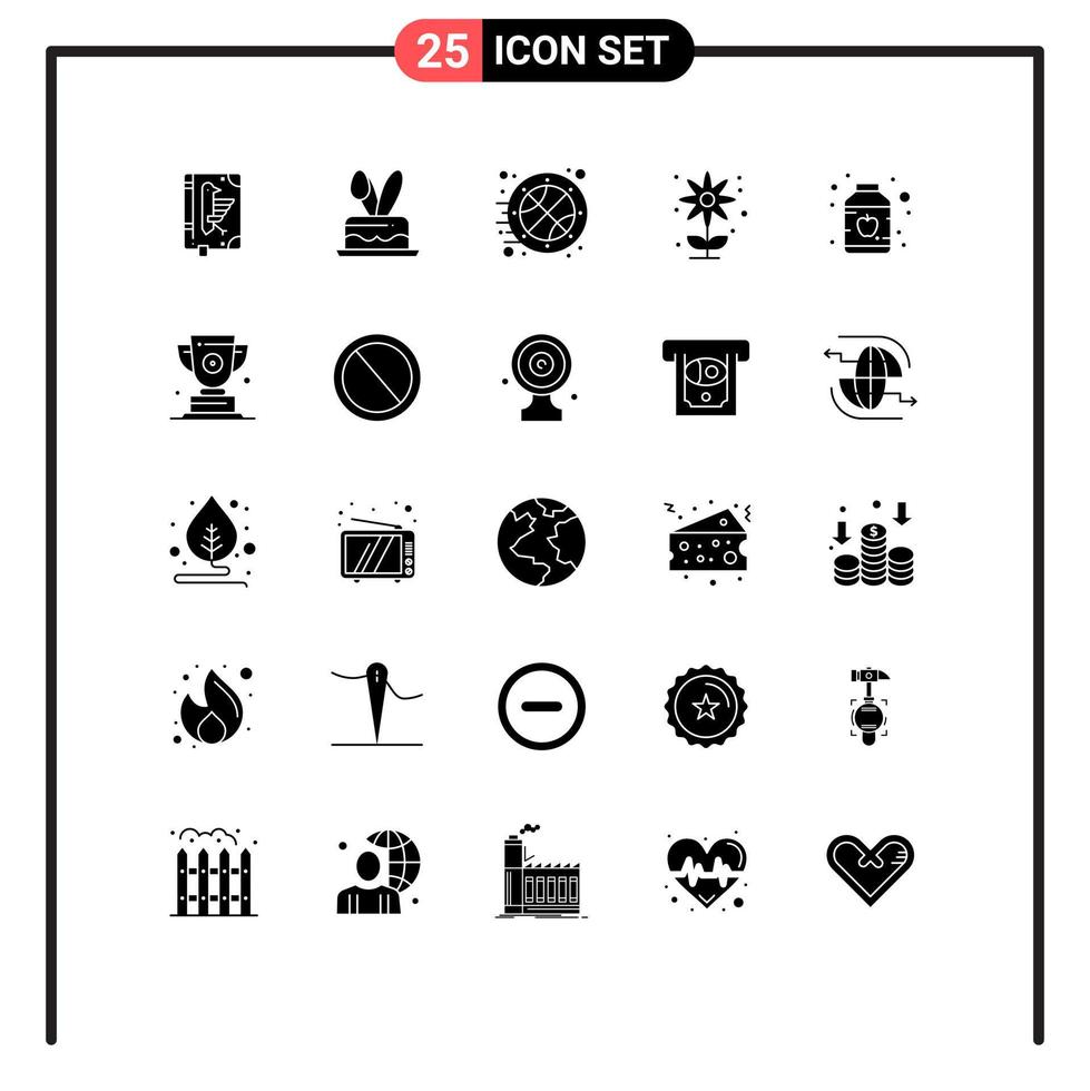 Set of 25 Vector Solid Glyphs on Grid for baby flower holiday farming time Editable Vector Design Elements