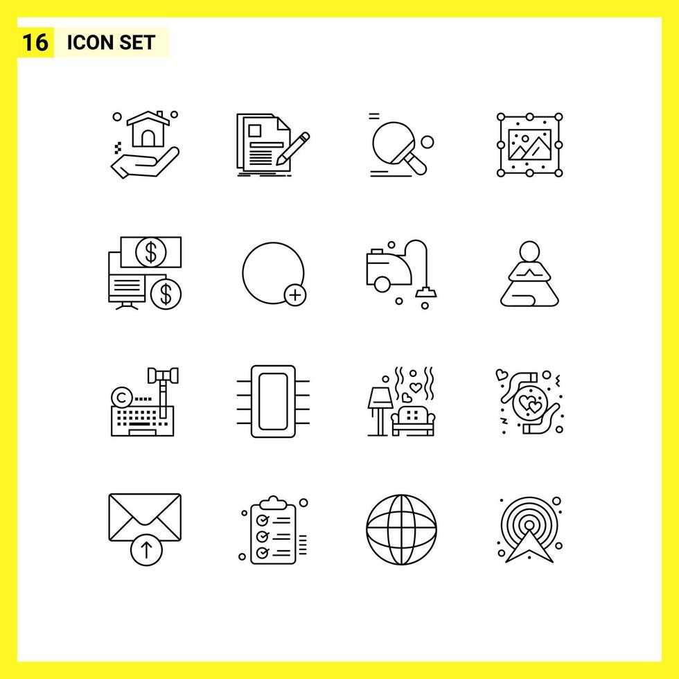 Pack of 16 creative Outlines of bank picture racket process ball Editable Vector Design Elements