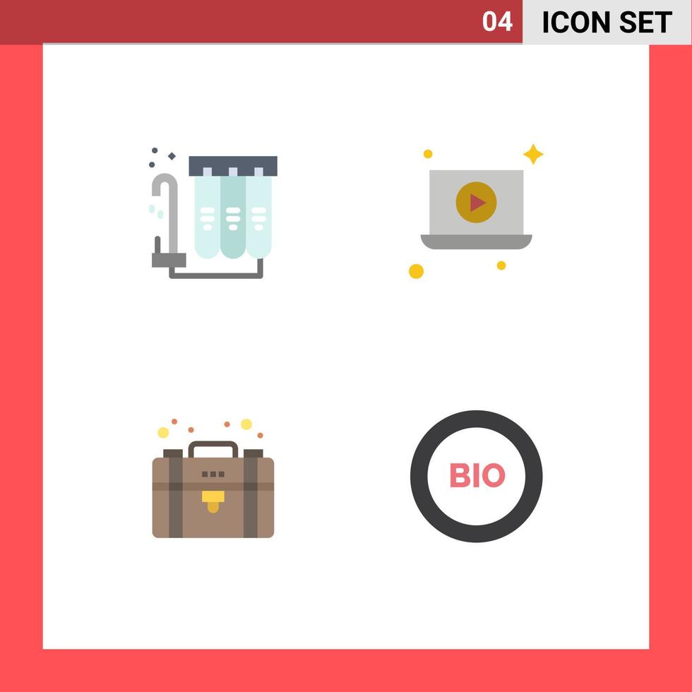 conjunto moderno de 4 iconos y símbolos planos, como cartera de filtro, video de agua, elementos de diseño vectorial bio editables vector