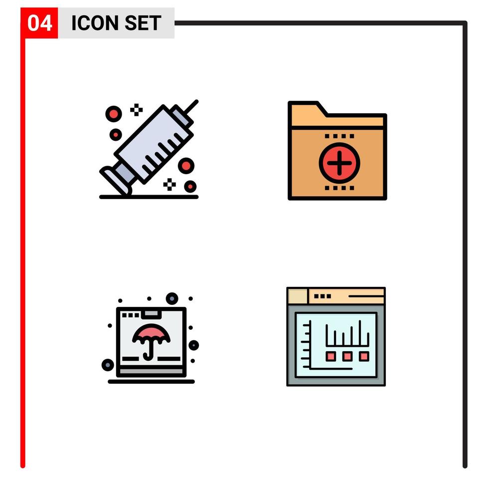 4 símbolos de signos de color plano de línea de relleno universal de contenedor de medicina carpeta comercial seguro elementos de diseño vectorial editables vector