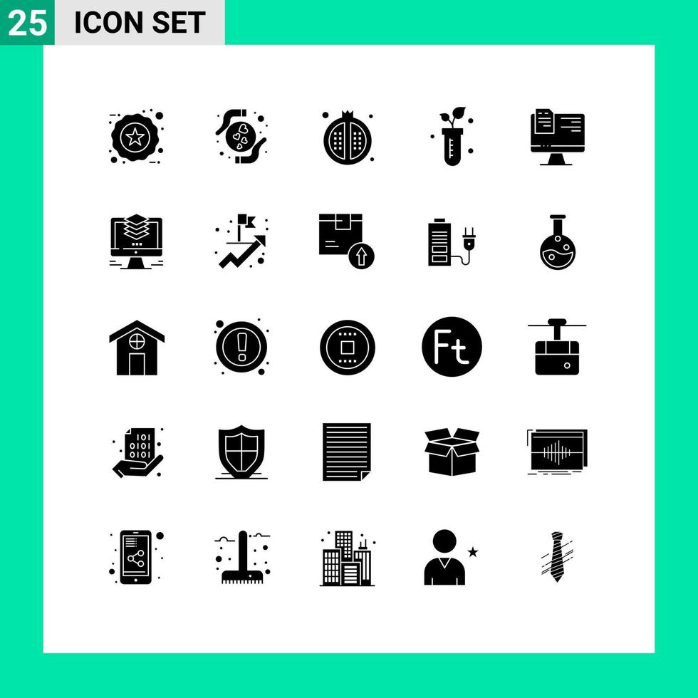 Pack of 25 Modern Solid Glyphs Signs and Symbols for Web Print Media such as computer lab cooking plant pomegranate Editable Vector Design Elements