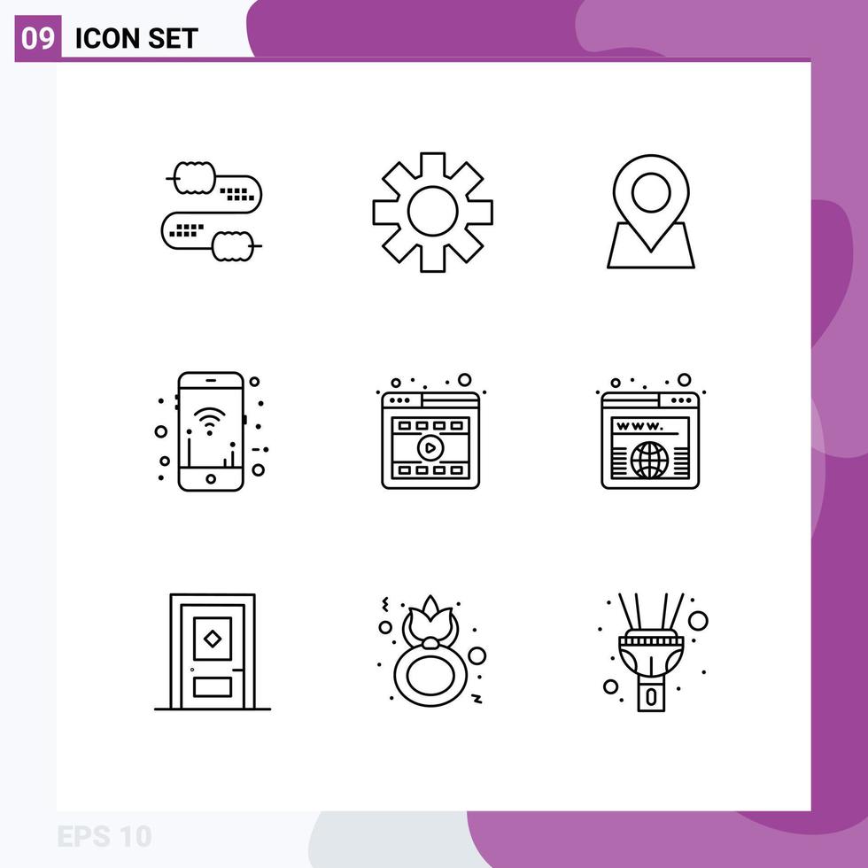 Universal Icon Symbols Group of 9 Modern Outlines of video browser map wifi mobile signals Editable Vector Design Elements