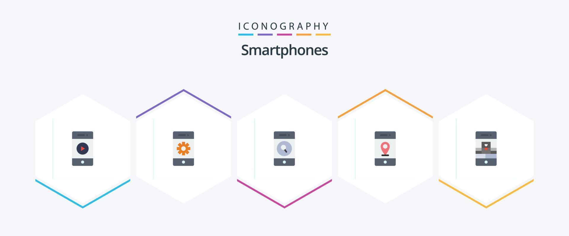 smartphones 25 paquete de iconos planos que incluye llamada. alfiler. teléfono inteligente mapa. web vector