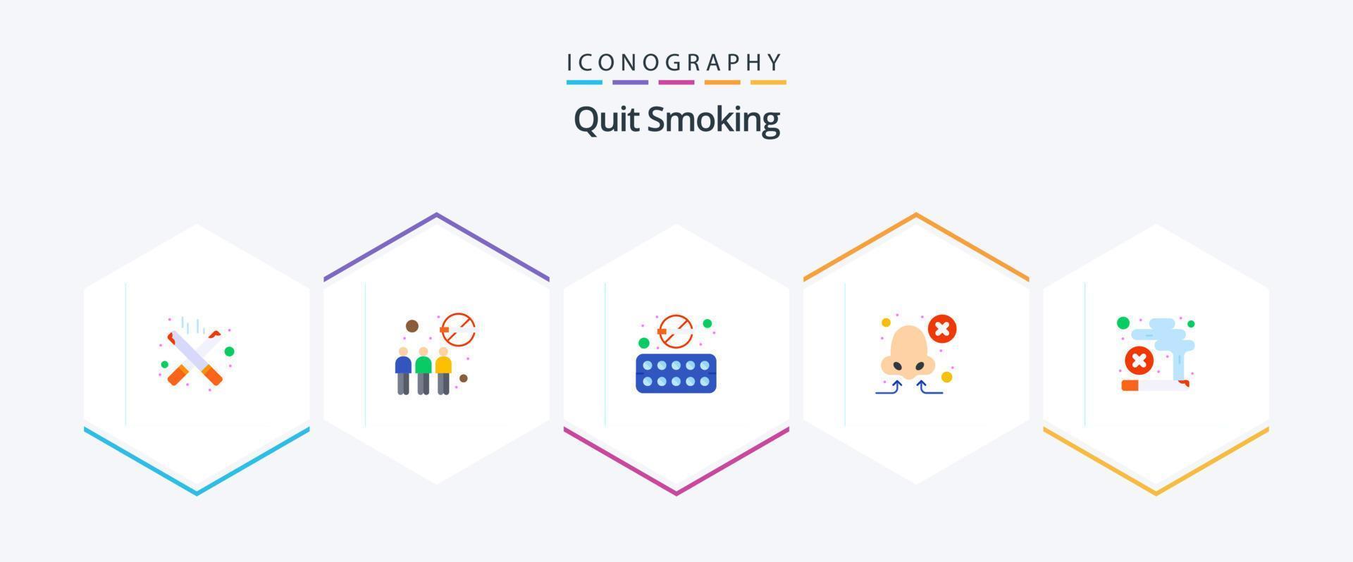 Quit Smoking 25 Flat icon pack including addiction. smell. not allowed. nose. smoke vector