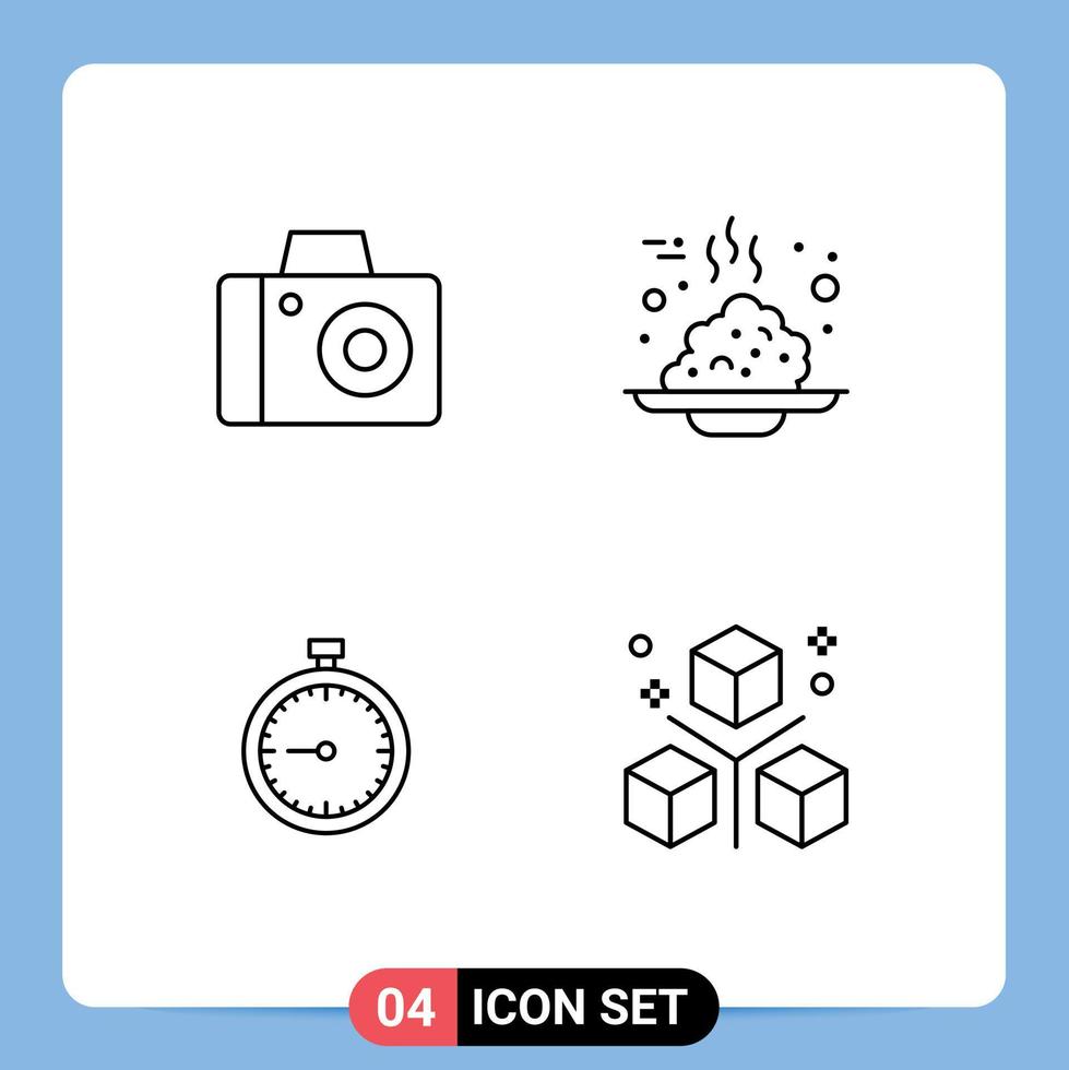 Group of 4 Modern Filledline Flat Colors Set for camera clock breakfast porridge quick Editable Vector Design Elements