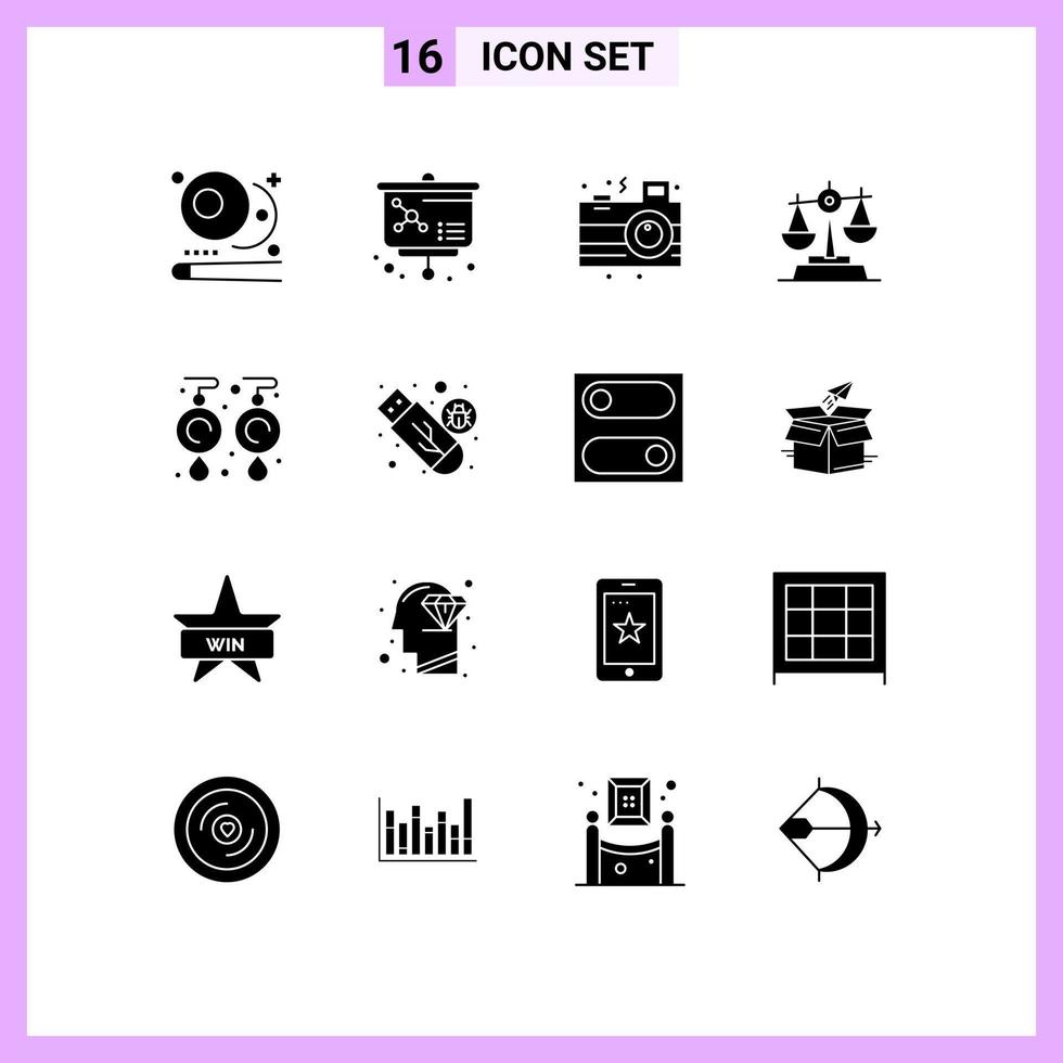 16 Universal Solid Glyphs Set for Web and Mobile Applications jewel earrings celebration baluance justice Editable Vector Design Elements