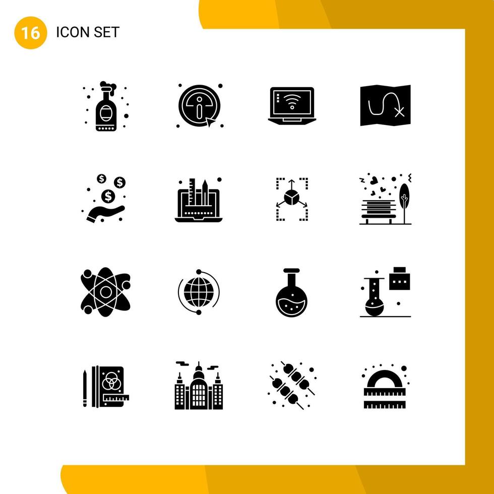 Universal Icon Symbols Group of 16 Modern Solid Glyphs of money dollar laptop target map Editable Vector Design Elements