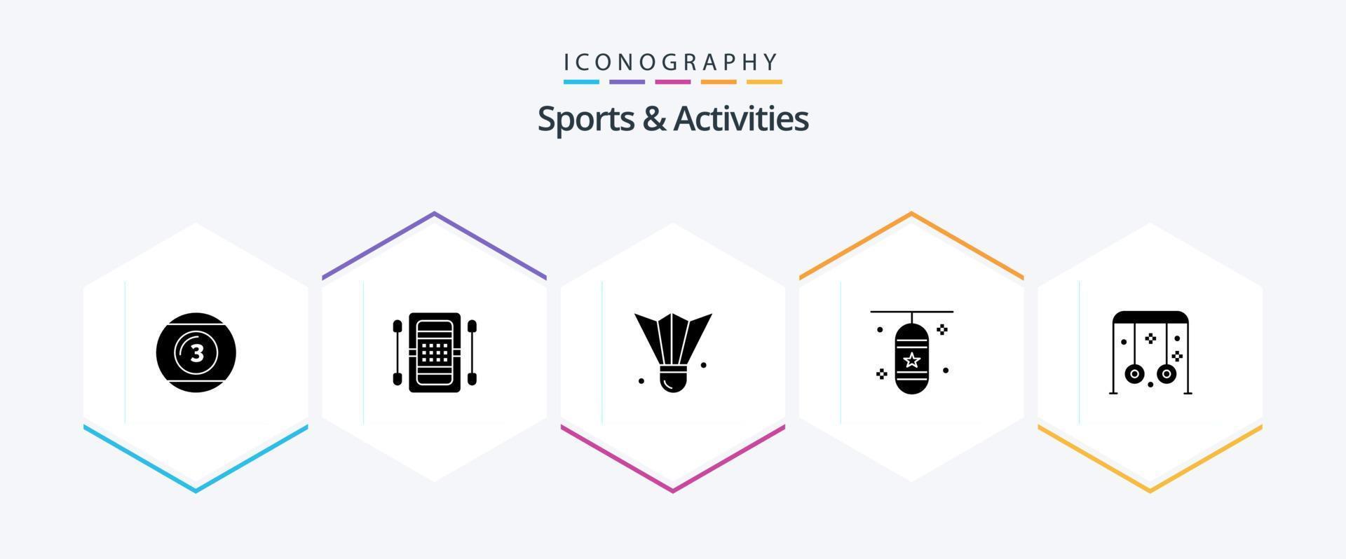 Sports and Activities 25 Glyph icon pack including punching box. boxing bag. game. sports equipment. feather shuttlecock vector