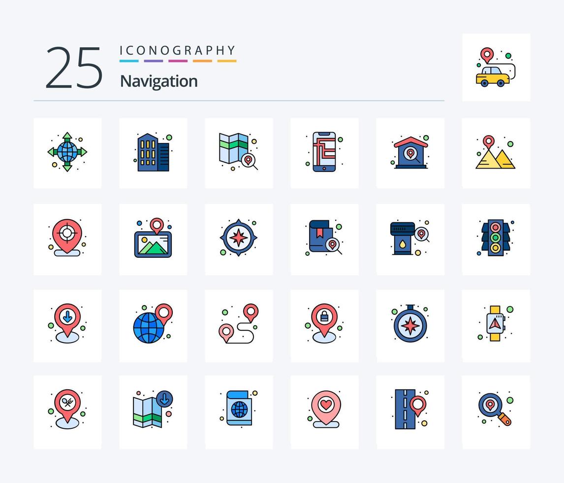 Navigation 25 Line Filled icon pack including navigate. home. search. gps. street map vector