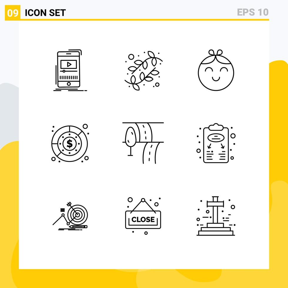 Universal Icon Symbols Group of 9 Modern Outlines of road profit nature finance budget Editable Vector Design Elements