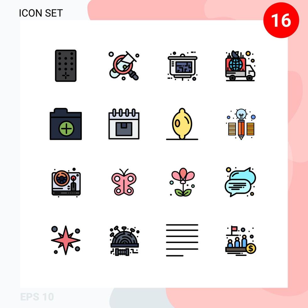 Pictogram Set of 16 Simple Flat Color Filled Lines of folder news presentation car announcement Editable Creative Vector Design Elements