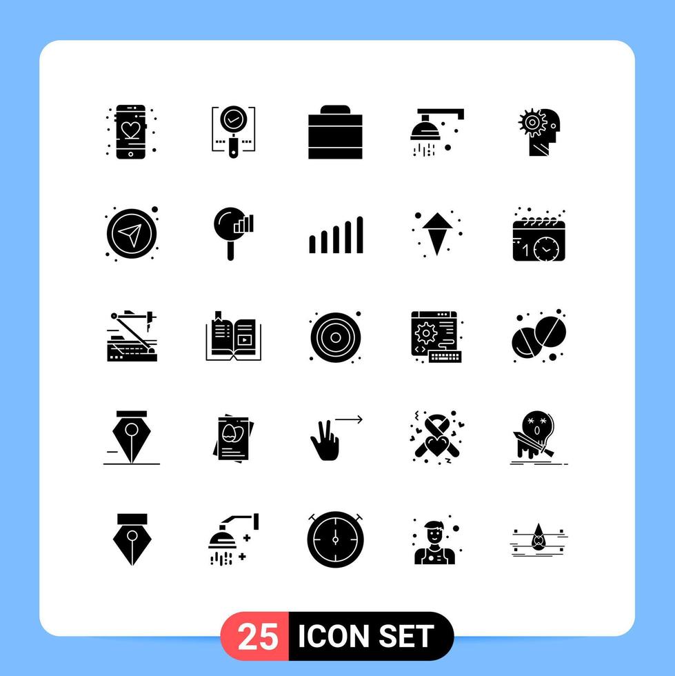 25 Thematic Vector Solid Glyphs and Editable Symbols of brain medical search wash bathroom Editable Vector Design Elements