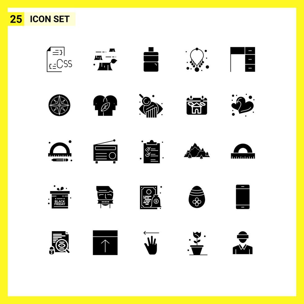 Group of 25 Solid Glyphs Signs and Symbols for interior desk environment necklace fashion Editable Vector Design Elements