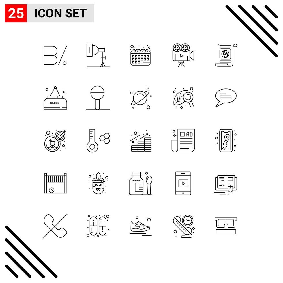 conjunto de 25 iconos modernos de la interfaz de usuario signos de símbolos para la cita de la meta objetivo elementos de diseño vectorial editables de la cámara de película de video vector