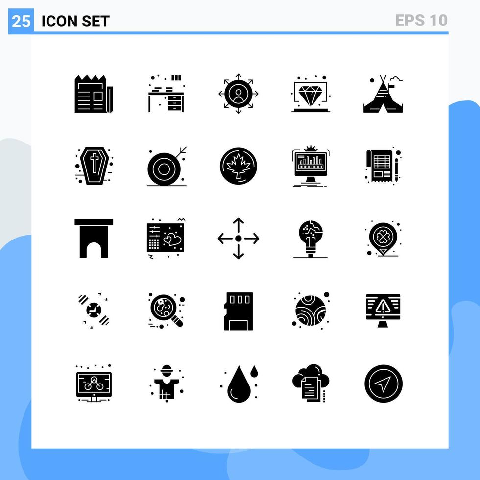 Set of 25 Vector Solid Glyphs on Grid for tent free value home premium personal Editable Vector Design Elements