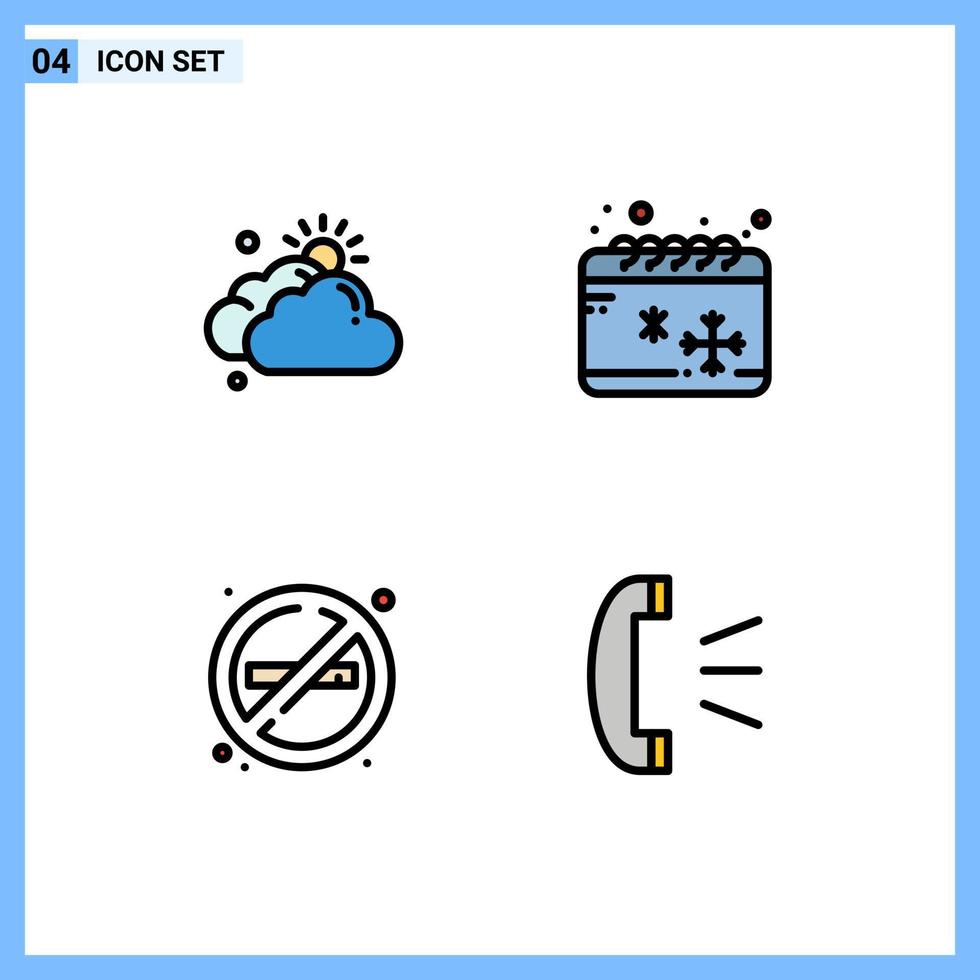 Pack of 4 Modern Filledline Flat Colors Signs and Symbols for Web Print Media such as cloud no sun season no smoke Editable Vector Design Elements