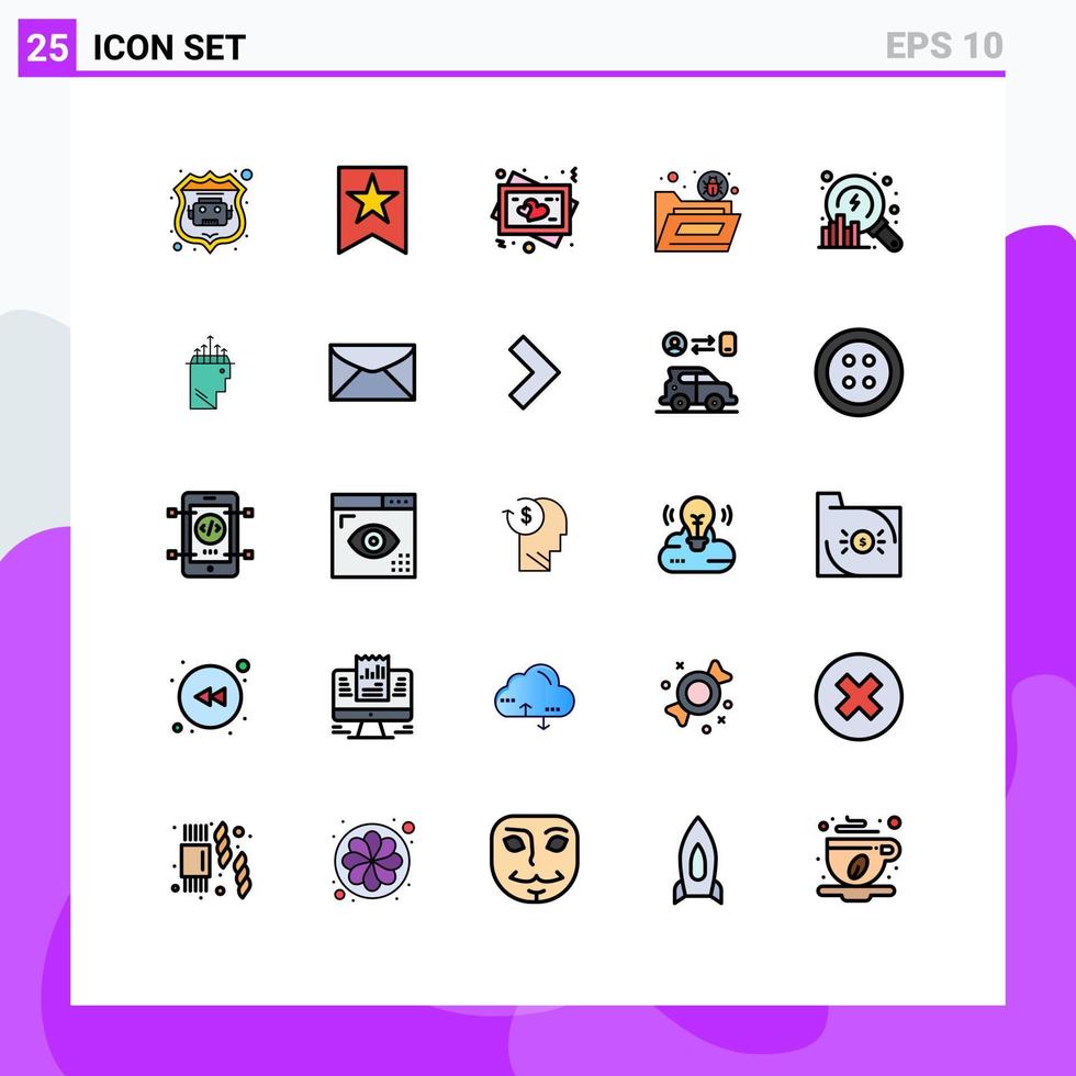 conjunto de pictogramas de 25 colores planos de línea llena simple de análisis de datos elementos de diseño de vector editables de carpeta de virus de amor