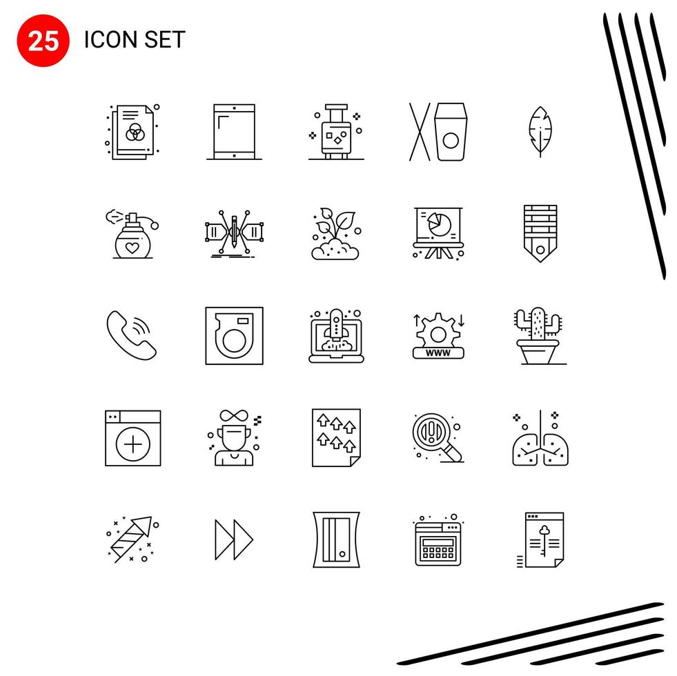 Pack of 25 creative Lines of write feather luggage food box Editable Vector Design Elements