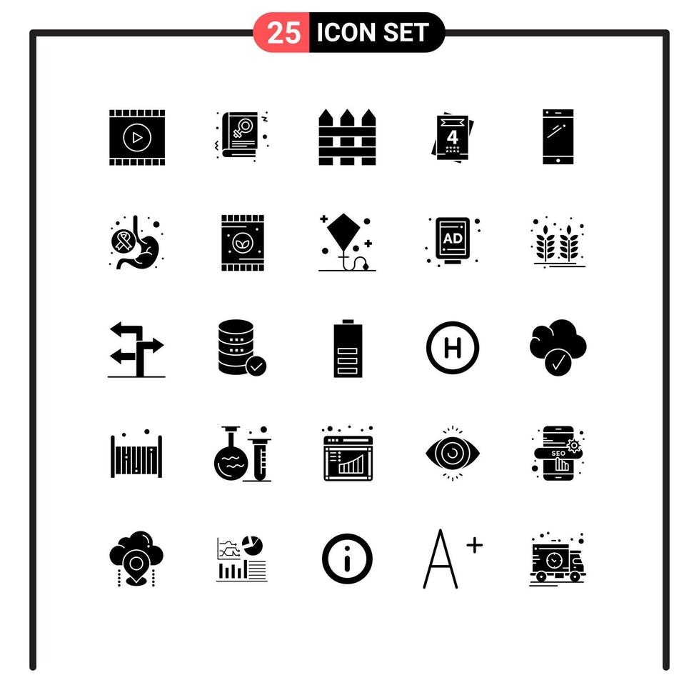 Pack of 25 Modern Solid Glyphs Signs and Symbols for Web Print Media such as smart phone wedding barricade love protection Editable Vector Design Elements