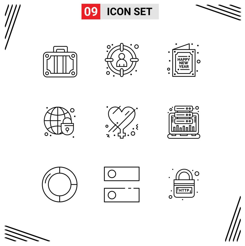 Mobile Interface Outline Set of 9 Pictograms of globe globe target global security new Editable Vector Design Elements