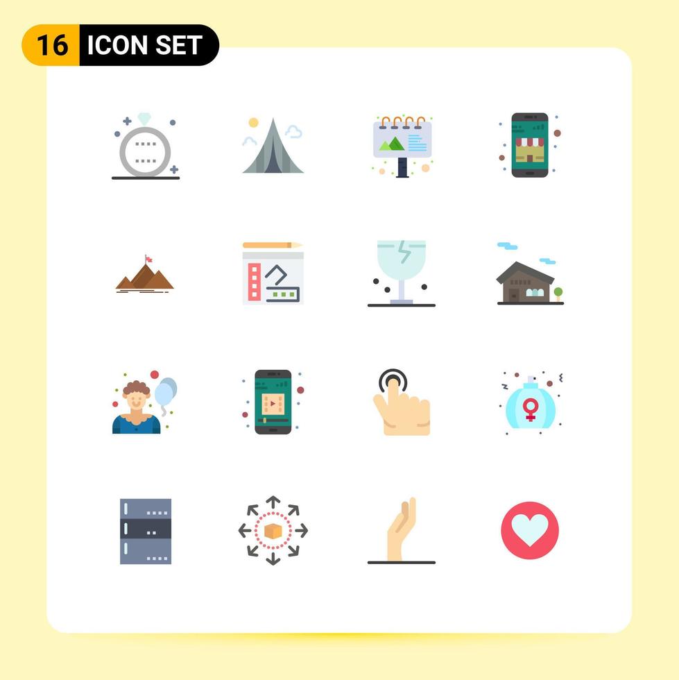 Mobile Interface Flat Color Set of 16 Pictograms of success online shop landmark commerce billboard Editable Pack of Creative Vector Design Elements