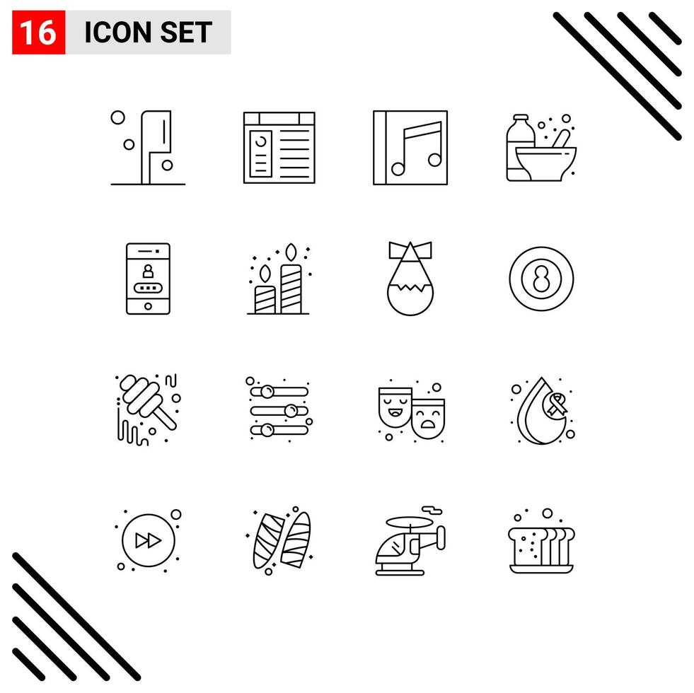 Set of 16 Modern UI Icons Symbols Signs for access nutrition media diet bodybuilding Editable Vector Design Elements