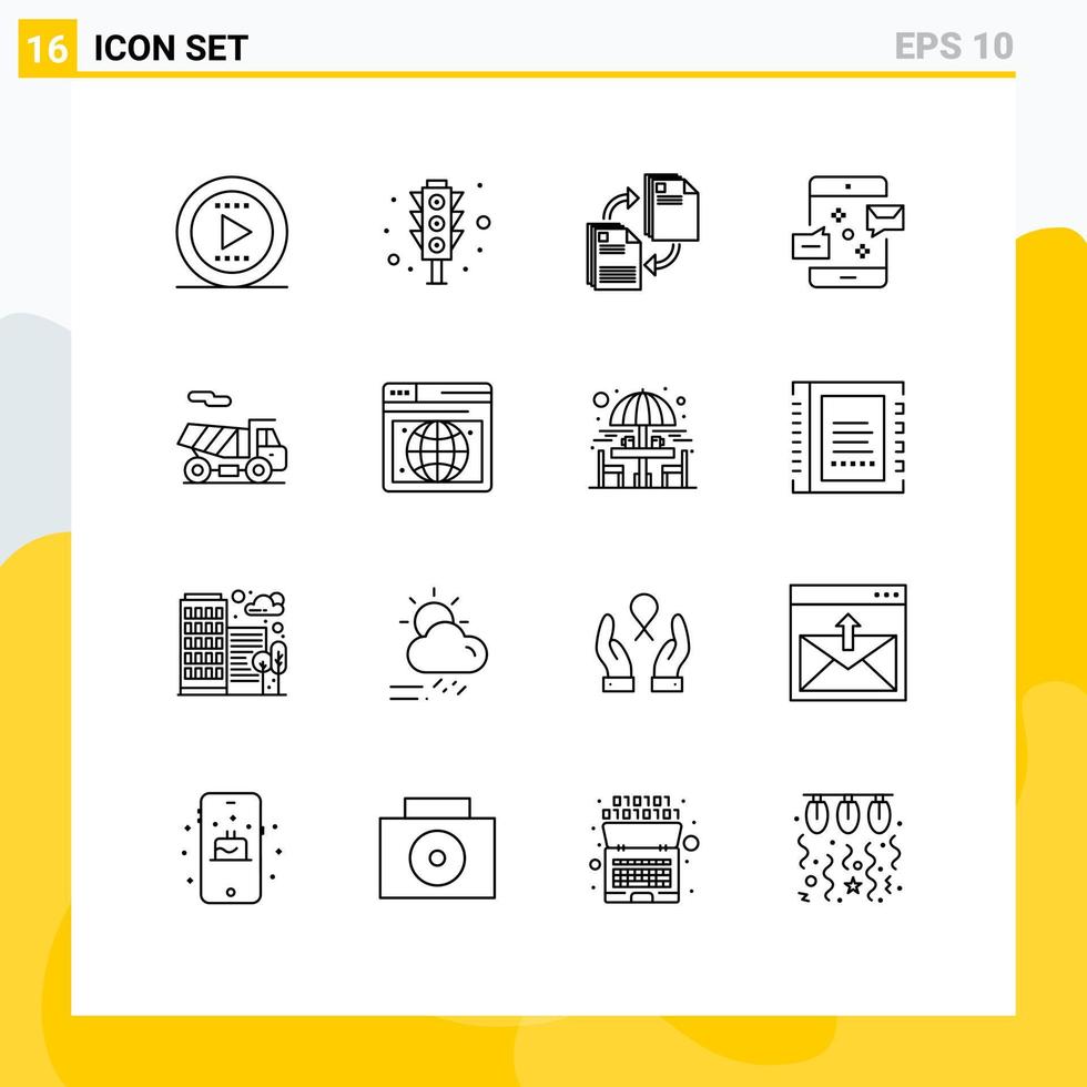 Pack of 16 Modern Outlines Signs and Symbols for Web Print Media such as bike marketing share email communication Editable Vector Design Elements