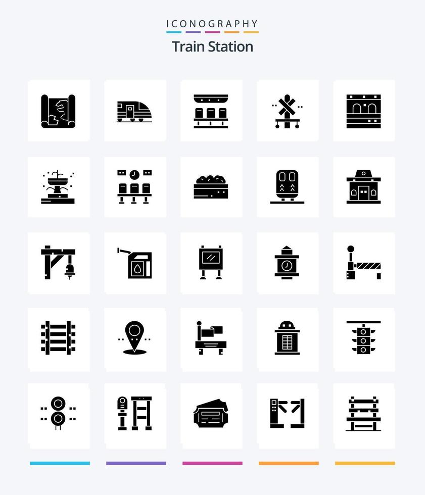 Creative Train Station 25 Glyph Solid Black icon pack  Such As garage. train. seats. station. cross vector