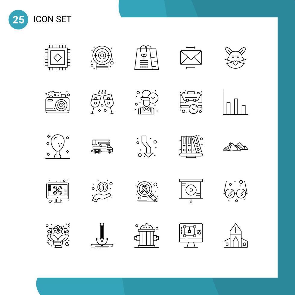 paquete de 25 líneas de interfaz de usuario de signos y símbolos modernos de elementos de diseño de vector editables de conejo de amor de compras lindo de cámara