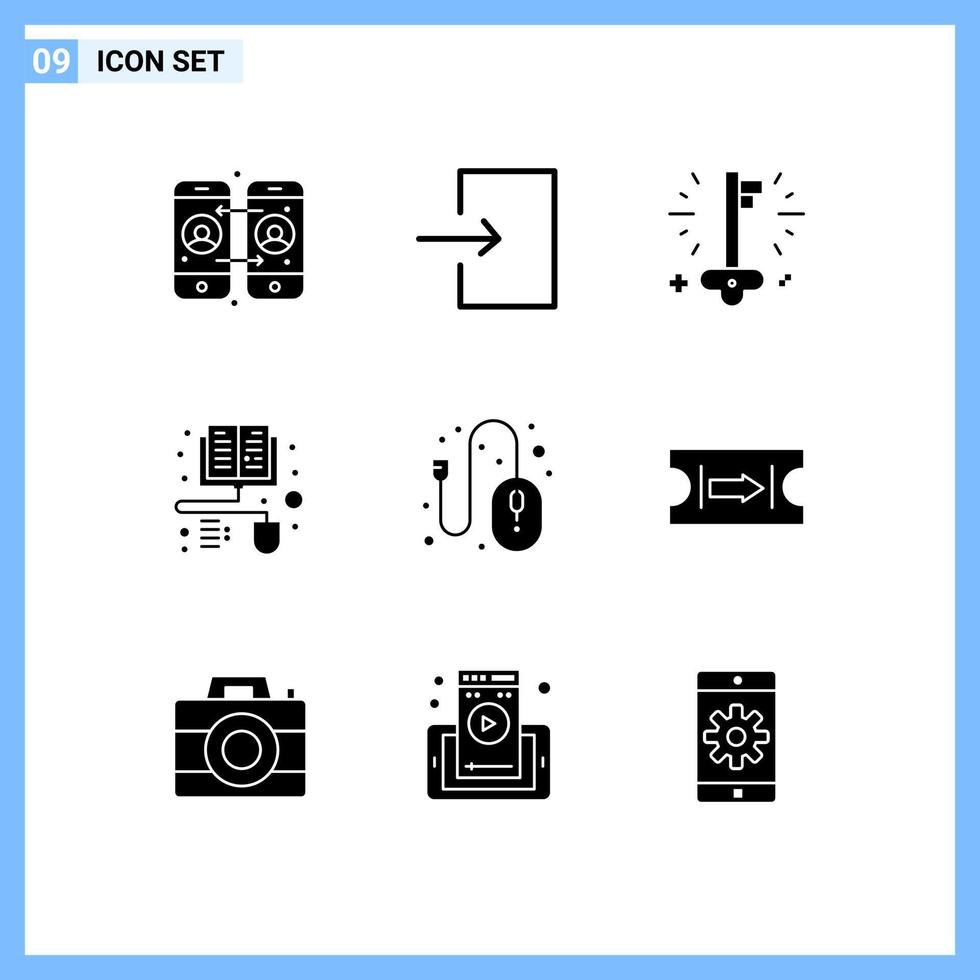 conjunto de 9 glifos sólidos vectoriales en la cuadrícula para los elementos de diseño vectorial editables del libro electrónico del hardware del dinero del ratón del billete vector