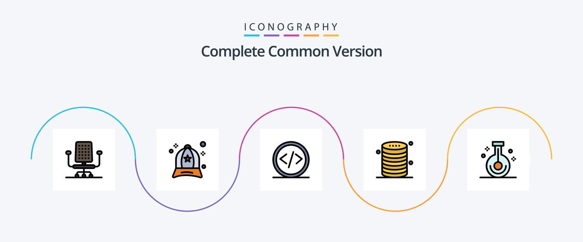 Complete Common Version Line Filled Flat 5 Icon Pack Including beaker. server. coding. database. cloud vector