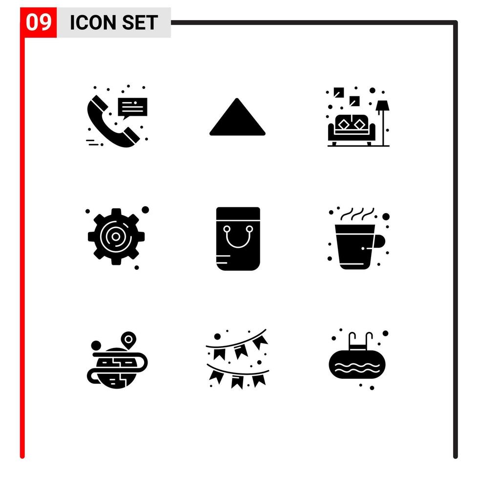 9 Thematic Vector Solid Glyphs and Editable Symbols of coffee handbag couch bag gear Editable Vector Design Elements