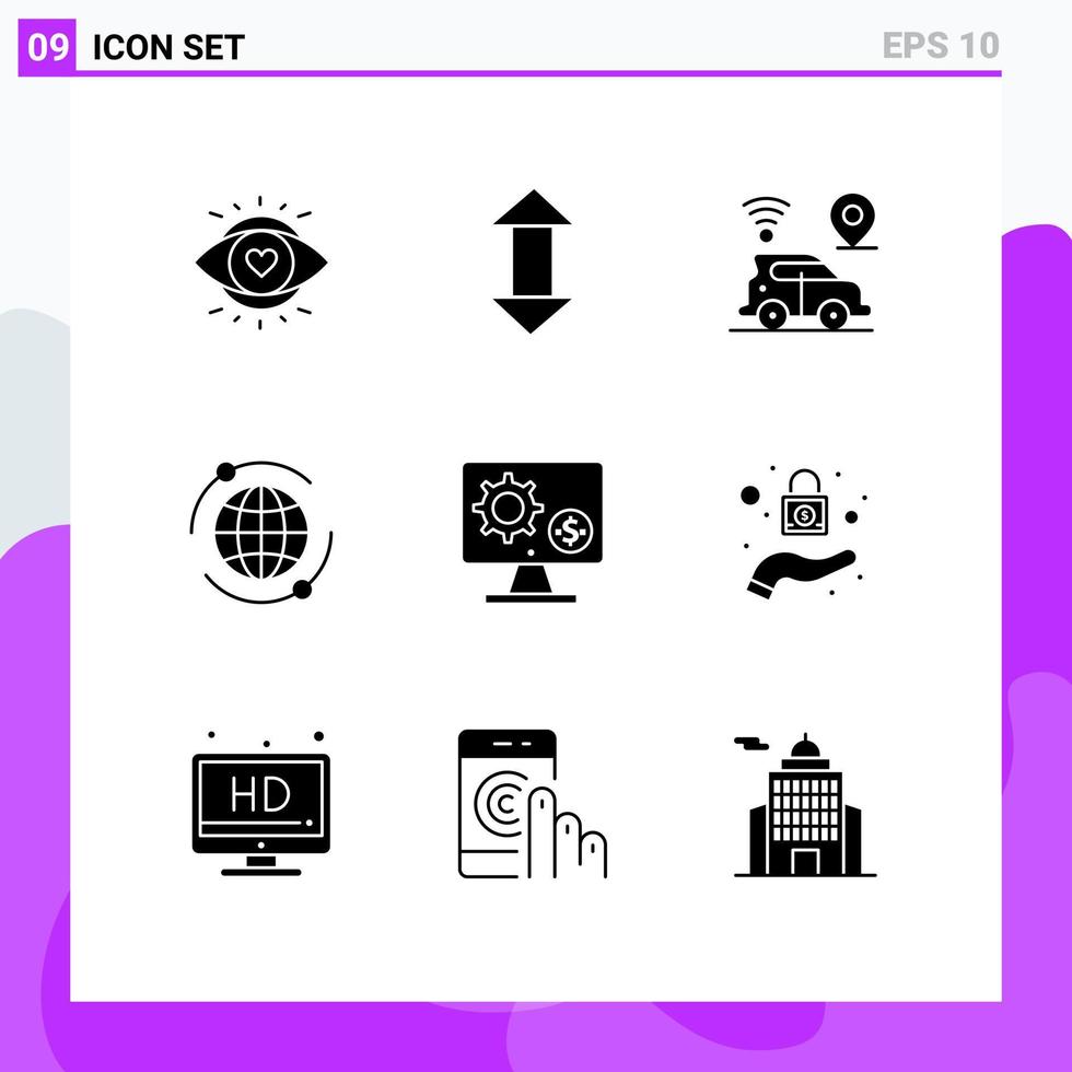 Pack of 9 Modern Solid Glyphs Signs and Symbols for Web Print Media such as screen generator car online world Editable Vector Design Elements