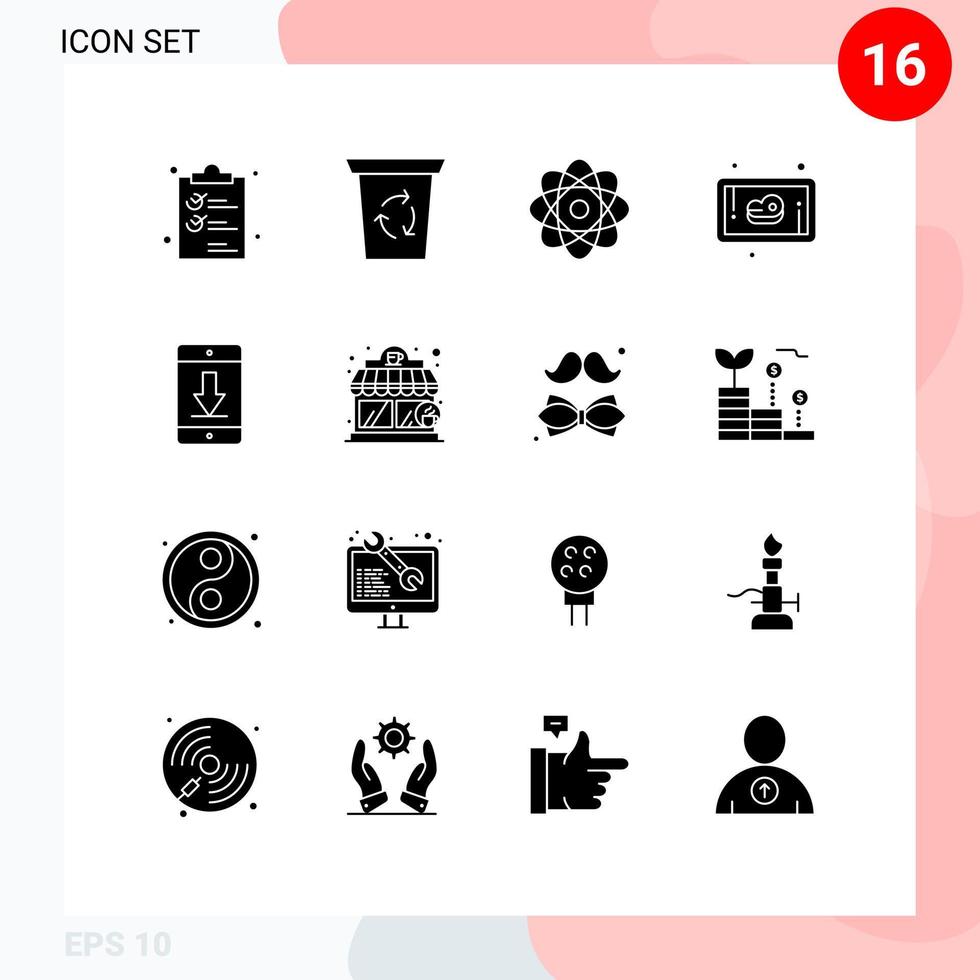 16 User Interface Solid Glyph Pack of modern Signs and Symbols of download device atom cellphone meat Editable Vector Design Elements