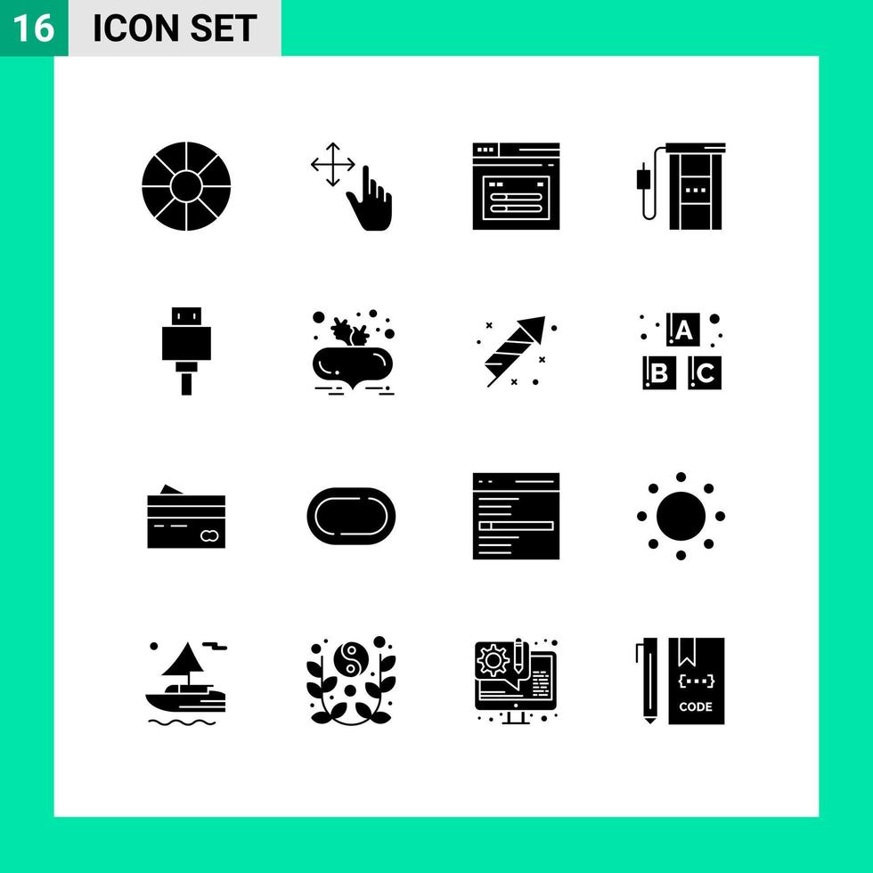 grupo universal de símbolos de iconos de 16 glifos sólidos modernos de dispositivos de almacenamiento web travel gasolinera elementos de diseño vectorial editables vector